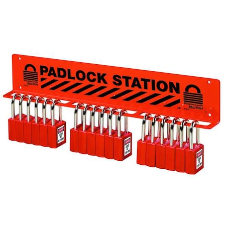 Padlock Station, Unfilled, Holds 18 Padlocks, 3 in H x 17.5 in W, English/French/Spanish, Red