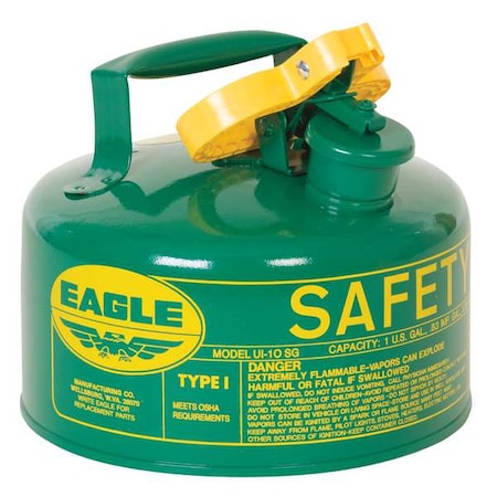 Type I Safety Can, Galvanized Steel, 1 gal, Green, 9 in Dia., Self-Closing Lid, Combustibles