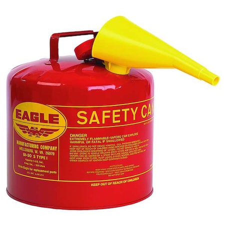 Type I Safety Can, Galvanized Steel, 5 gal, Self-Closing Lid, Includes Funnel, Red, Flammables