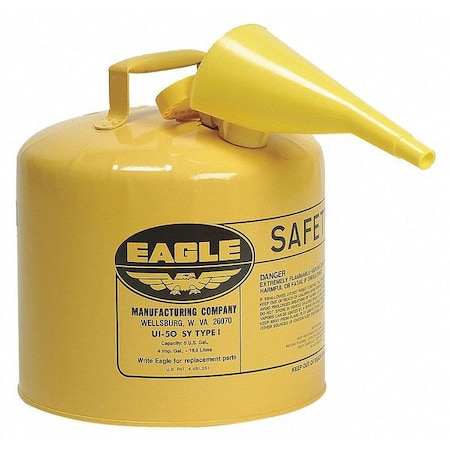 Type I Safety Can, Galvanized Steel, 5 gal, Self-Closing Lid, Includes Funnel, Yellow, Diesel