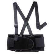 Back Brace w/Stay, Double Hook-and-Loop, 1 1/2 in Detachable Suspenders, Black, Medium