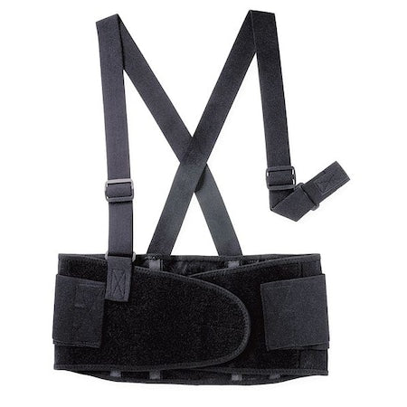 Back Brace w/Stay, Double Hook-and-Loop, 1 1/2 in Detachable Suspenders, Black, Medium