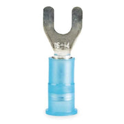 Fork Terminal, #10 Stud Size, 14 AWG, 600 V, Nylon Insulated, Blue, Crimp Termination Only, 100 PK