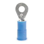 Ring Terminal, #8 Stud Size, 14 AWG, 1,000 V, Nylon Insulated, Blue, Crimp Termination Only, 100 PK