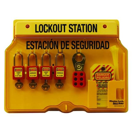 Lockout Station, 18 Components Included, Holds (4) Keyed Different Padlocks, English/Spanish, Yellow