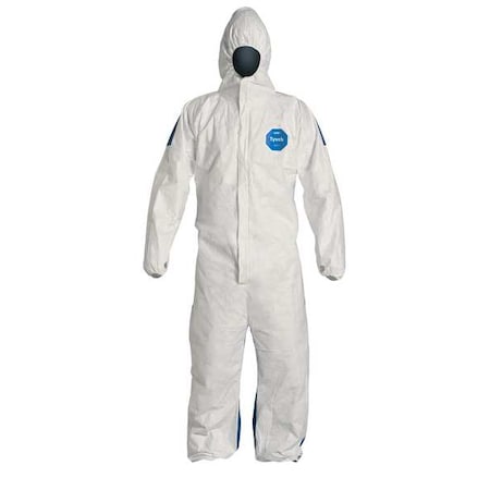 D. Comfort Fit Design. Respirator Fit Hood. Elastic Wrists and Ankles. Elastic Waist. White Front. Blue 10 Back. 2X