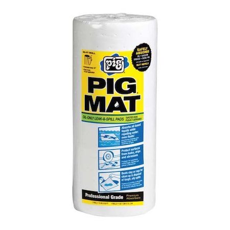 Sorbent Roll, 3 gal, 15 in x 2 1/2 ft, Oil, White, Polypropylene