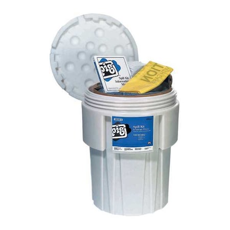 Spill Kit, 39 gal Volume Absorbed per Kit, 65 gal Capacity, Drum, White, 136