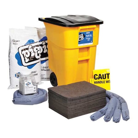 Spill Kit, 37 gal Volume Absorbed per Kit, 50 gal Capacity, Can, Black/Yellow, 92