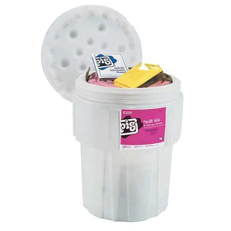 Spill Kit, 39 gal Volume Absorbed per Kit, 65 gal Capacity, Drum, White, 77