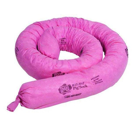 Sorbent Sock, 18 gal, 5 in x 10 ft, Acids, Bases, Unknowns, Pink, 2 PK