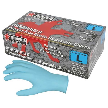 DuraShield 6001, Disposable Gloves, 4 mil Palm, Nitrile, Powder-Free, L, 100 PK, Blue