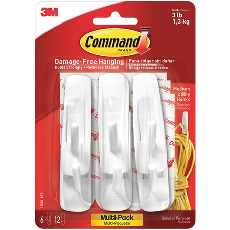 3M 17001 Command Value Pack, Medium, White, 6 Hooks and 12 Strips, 6/Packs per Case