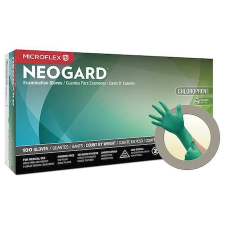 C520, Disposable Gloves, 3.00 to 3.99 mil Palm, Neoprene, Powder-Free, L (9), 100 PK, Green
