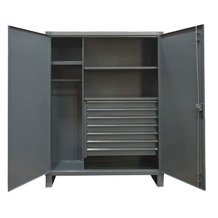 Wardrobe Storage Cabinet, 78 in H, 60 in W, 24 in D, Swing, Padlock Hasp, Gray, 7 Drawers
