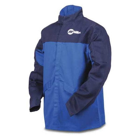 Welding Jacket, Indura, 9 oz, 30 in Length, Snaps Closure, 2 Pockets, Blue, L