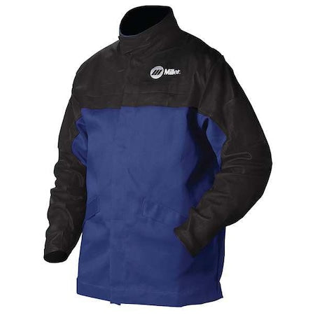 Welding Jacket, Indura with Pigskin Sleeves, 9 oz, 30 in Length, Snaps Closure, 2 Pockets, Blue