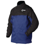Welding Jacket, Indura with Pigskin Sleeves, 9 oz, 30 in Length, Snaps Closure, 2 Pockets, Blue, L