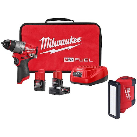 M12 FUEL 1/2" Drill/Driver Kit + M12 ROVER Service and Repair Flood Light w/ USB Charging