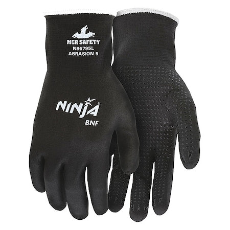 Coated Gloves, Foam Nitrile, Flat Dip with Dots, Palm, Not Tested Abrasion Level, Black, L (9) 1 PR