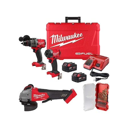 M18 FUEL 2-Tool Kit + 4-1/2" / 5" Braking Grinder Paddle Switch + SHOCKWAVE RED HELIX Drill Bit Set