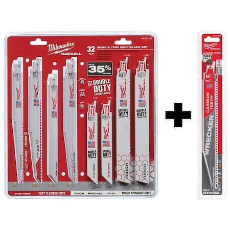 SAWZALL Demo and THIN KERF Blade Set 32 PC + 9" 6 TPI THE WRECKER w/ Carbide Teeth SAWZALL Blade 1PK