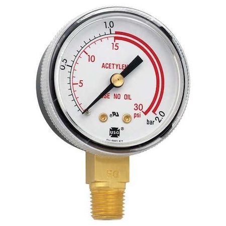 Welding Regulator Pressure Gauge, 0 to 600 psi, 2 in Dial, 1/4 in NPT, Bottom Location