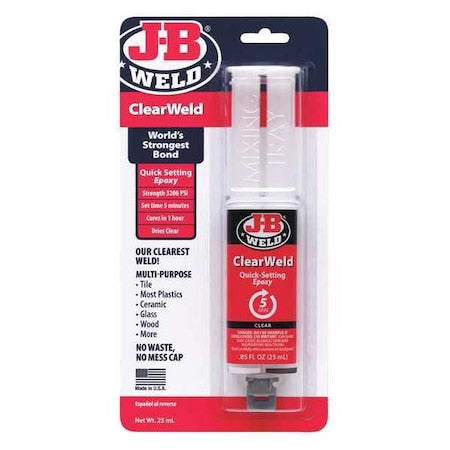 Epoxy Adhesive, ClearWeld Series, Transparent Yellow, Syringe, 1:01 Mix Ratio, 1 hr Functional Cure