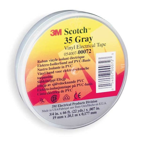 Vinyl Electrical Tape, 35, Scotch, 3/4 in W x 66 ft L , 7 mil thick, Gray, 1 Pack