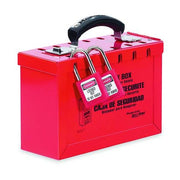 Lockout Tagout Portable Group Lock Box, Steel, Hinged, 12 Padlocks, 6 in x 9.25 in x 3.75 in, Red