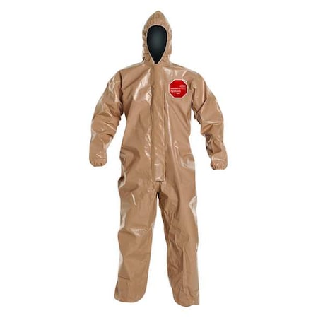 Standard Fit Hood. Elastic Wrists and Ankles. Storm Flap with Adhesive Closure. Tan. LG