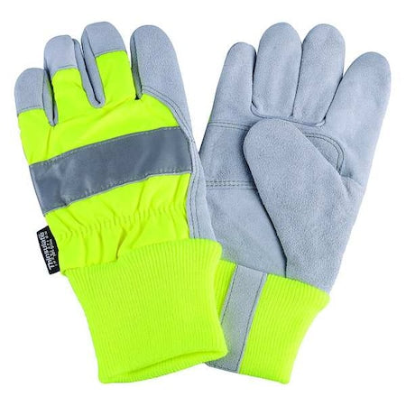 Leather Gloves, Cowhide, Knit Cuff, Wing Thumb, Full Finger, Lime, XL, 1 PR