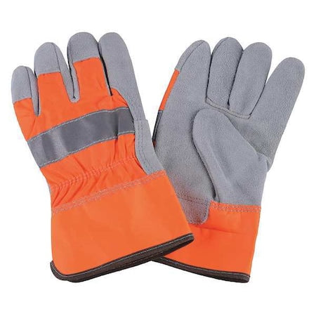 Leather Gloves, Cowhide, Safety Cuff, Wing Thumb, Full Finger, High-Visibility Orange, L, 1 PR