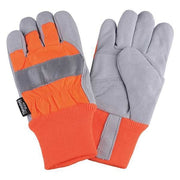 Leather Gloves, Cowhide, Knit Cuff, Wing Thumb, Full Finger, Orange, M, 1 PR