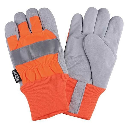 Leather Gloves, Cowhide, Knit Cuff, Wing Thumb, Full Finger, Orange, M, 1 PR