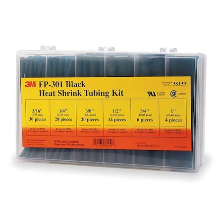 Heat Shrink Tube Kit, Thin Wall, 2:1 I.D. Shrink Ratio, Black, 6 in
