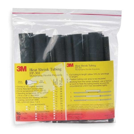 Heat Shrink Tube, Thin Wall, 2:1 I.D. Shrink Ratio, 1.5 in I.D. Before Shrinking, Black, 6 in, 3 PK