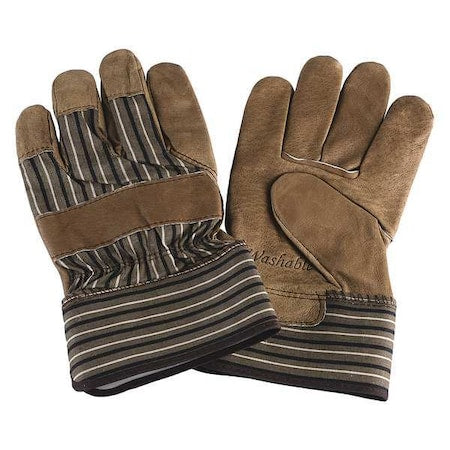 Leather Gloves, Pigskin, Safety Cuff, Wing Thumb, Full Finger, Brown/Blue, L, 1 PR