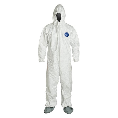 Tyvek 400 Hooded Disposable Coverall, Attached Skid-Resistant Boots, Elastic Wrist, 3XL, White