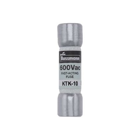 Fuse, Fast Acting, 10A, KTK Series, 600V AC, Not Rated, 1 1/2 in L x 13/32 in dia