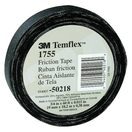 Electrical Friction Tape, 1755, Temflex, 3/4 in W x 60 ft L, 13 mil thick, Cotton, Black, 1 Pack
