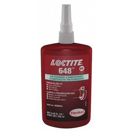 Retaining Compound, 648 Series, Green, Liquid, For Close-Fitting Parts, 250 mL Bottle