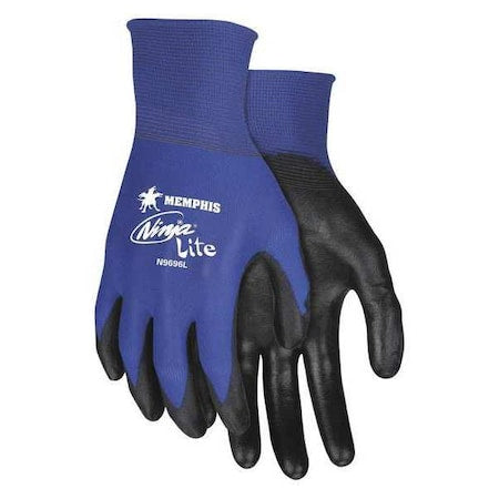 Coated Gloves, Polyurethane, Smooth Finish, Palm, Not Rated Abrasion Level, Black/Blue, M 12 PK