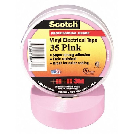 Vinyl Electrical Tape, 35, Scotch, 3/4 in W x 66 ft L, 7 mil thick, Pink, 1 Pack