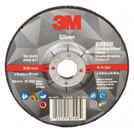 Depressed Center Grinding Wheel, Type 27, 4 in Dia, 0.25 in Thick, 5/8 in Arbor Hole Size, Ceramic