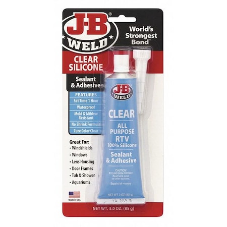 Silicone Adhesive Sealant, 3 oz, Tube, Clear, Silicone Base