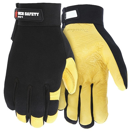 MCR Safety Multi-Task Mechanics Gloves, Grain Deerskin Leather Palm, Spandex Back, XL, Black/Yellow
