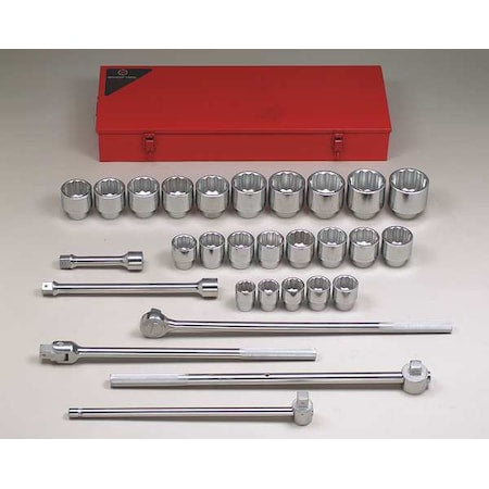 1" Drive Socket Set SAE 29 Pieces 1 7/16 in to 3 1/8 in , Chrome