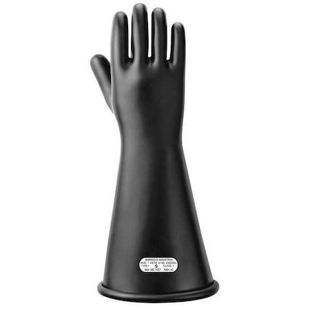 Electrical-Insulating Gloves, 7,500V AC, 11,250V DC, Rubber, 14" Length, Black, Size 9