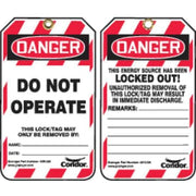 Lockout Tag, Danger Do Not Operate, 3 1/4 in W x 5 3/4 in H, Plastic, Red/White, Pk of 25, PK25